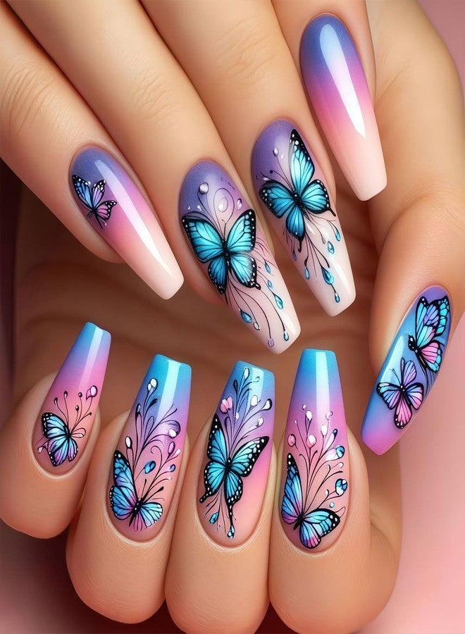 HJKDSFD Blue Purple Gradient Press on Nails Medium Ballerina Fake Nails Acrylic Full Cover False Nails Cute Butterfly Glue on Nails Spring Summer Stick on Nails Reusable for Women Girls 24Pcs - Image 1